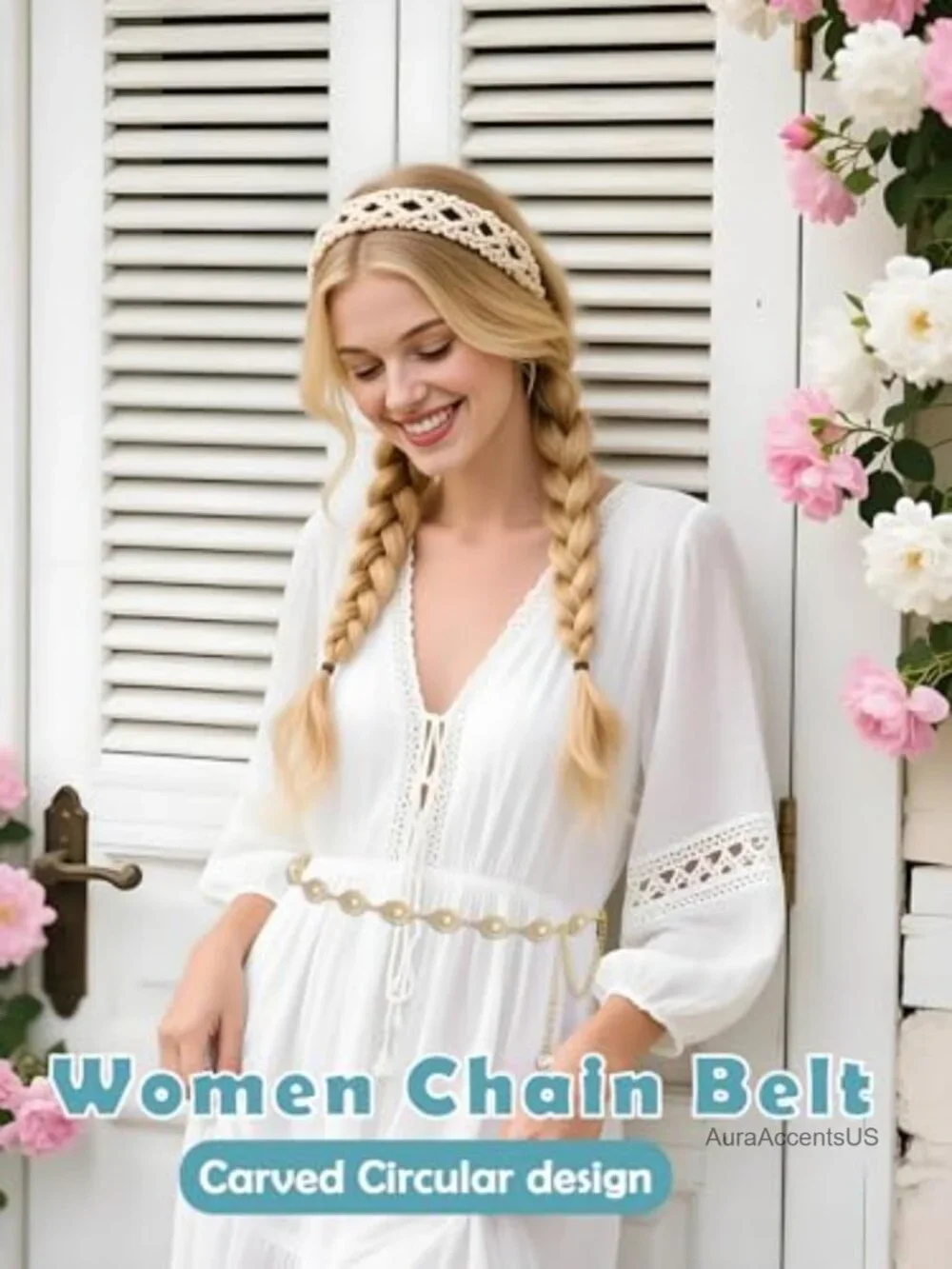 Women Western Concho Chain Belt with Floral Pattern